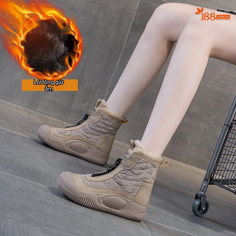 Giày Bốt Nữ Da Mặt Đế Bánh Mì Chiều Cao Đế Khoảng 5cm Màu Kem, Đen, Trắng, Tím...
