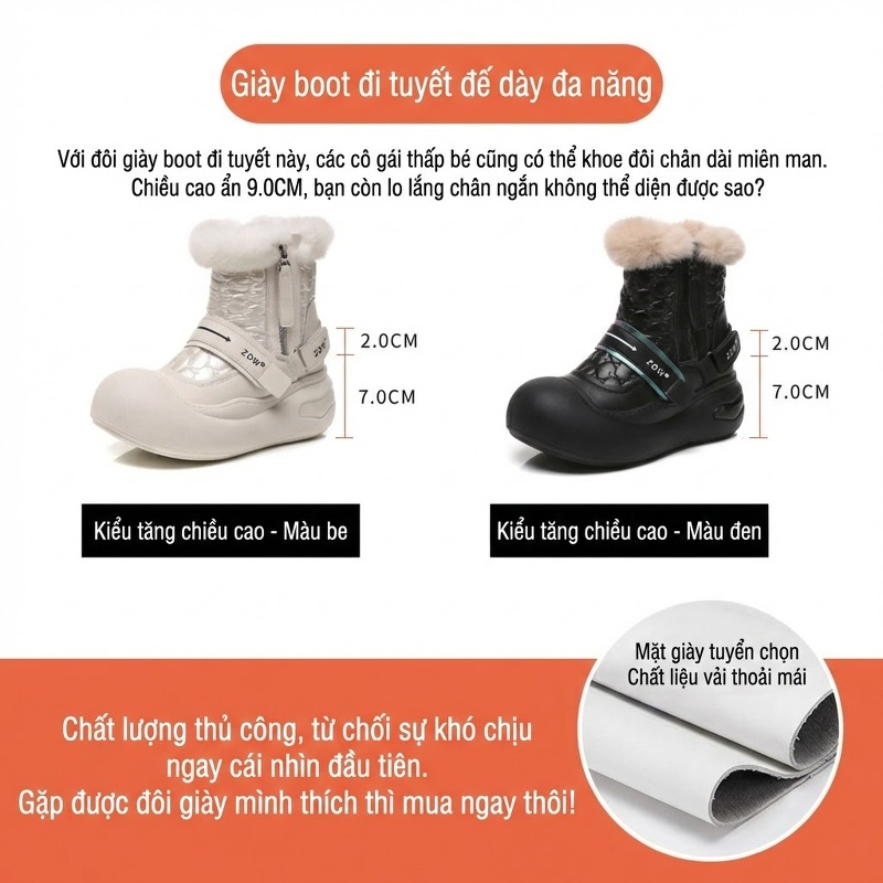 Giày Bốt Nữ Đế Dày Tăng Chiều Cao Chiều Cao Đế 7cm Lót Lông Giữ Ấm Màu Trắng, Đen
