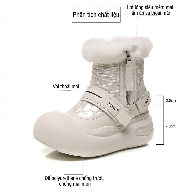 Giày Bốt Nữ Đế Dày Tăng Chiều Cao Chiều Cao Đế 7cm Lót Lông Giữ Ấm Màu Trắng, Đen chi tiết 3