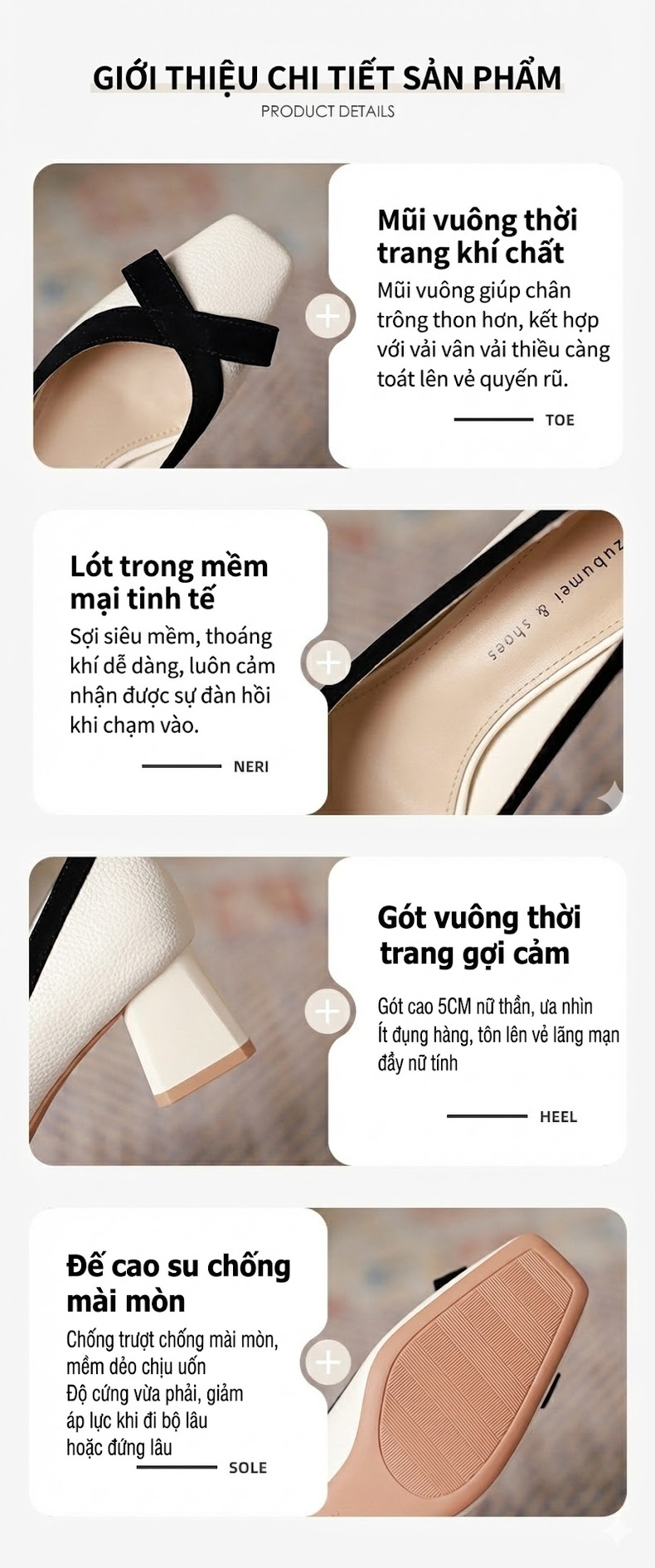 Giày Búp Bê Cao Gót Nữ Da Mờ Chiều Cao Đế Khoảng 5cm Kiểu Pháp Cổ Điển Màu Kem, Đen chi tiết 2