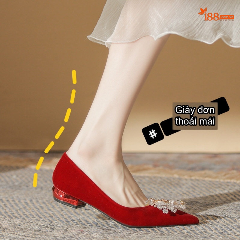 Giày Búp Bê Cô Dâu Mũi Nhọn Chiều Cao Đế Khoảng 3cm Màu Đỏ, Trắng