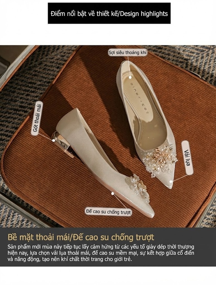 Giày Búp Bê Cô Dâu Mũi Nhọn Chiều Cao Đế Khoảng 3cm Màu Đỏ, Trắng chi tiết 2