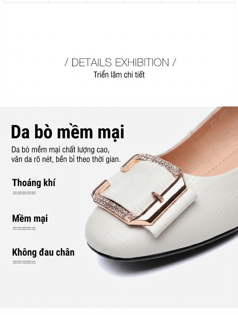 Giày Búp Bê Da Mềm Gót Vuông Chiều Cao Đế Khoảng 3cm Màu Đỏ, Trắng, Đen, Xám... chi tiết 3