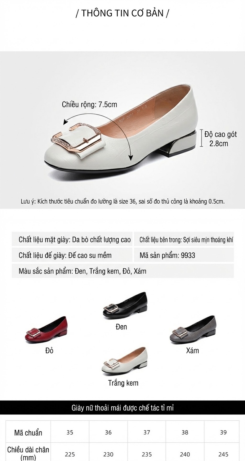 Giày Búp Bê Da Mềm Gót Vuông Chiều Cao Đế Khoảng 3cm Màu Đỏ, Trắng, Đen, Xám... chi tiết 2