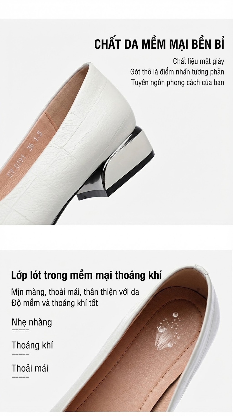 Giày Búp Bê Da Mềm Gót Vuông Chiều Cao Đế Khoảng 3cm Màu Đỏ, Trắng, Đen, Xám... chi tiết 4