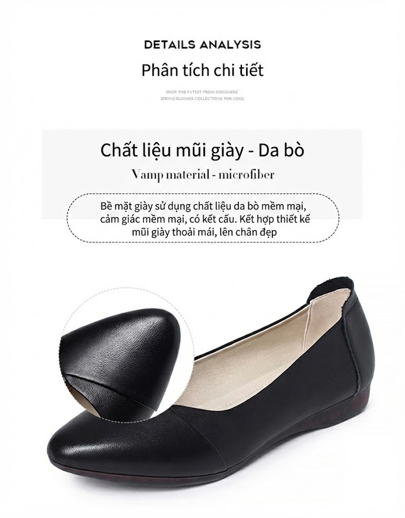 Giày Búp Bê Da Thật Đế Mềm Chống Trượt Chiều Cao Đế Khoảng 1cm Màu Đen, Kem chi tiết 5