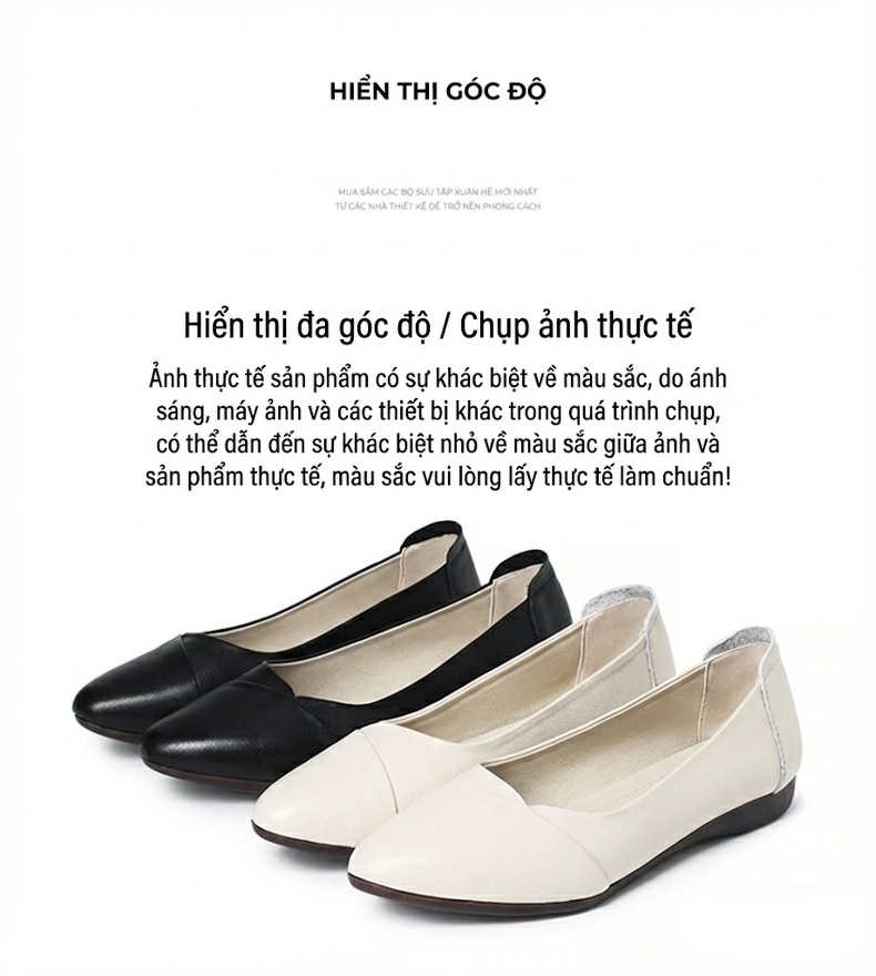 Giày Búp Bê Da Thật Đế Mềm Chống Trượt Chiều Cao Đế Khoảng 1cm Màu Đen, Kem chi tiết 13