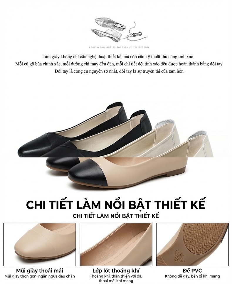 Giày Búp Bê Da Thật Đế Mềm Chống Trượt Chiều Cao Đế Khoảng 1cm Màu Đen, Kem chi tiết 2