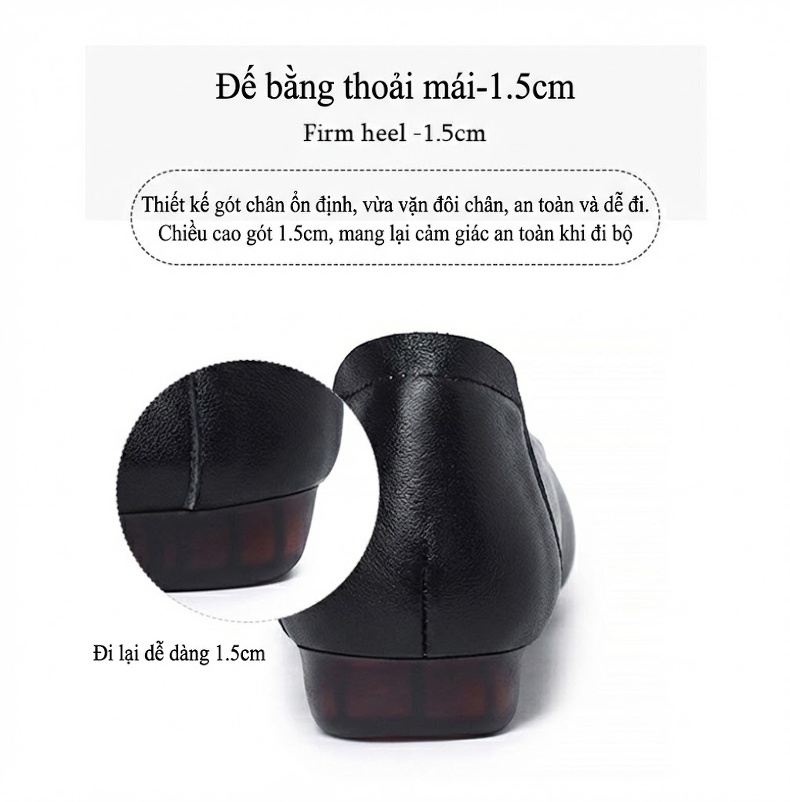 Giày Búp Bê Da Thật Đế Mềm Chống Trượt Chiều Cao Đế Khoảng 1cm Màu Đen, Kem chi tiết 6