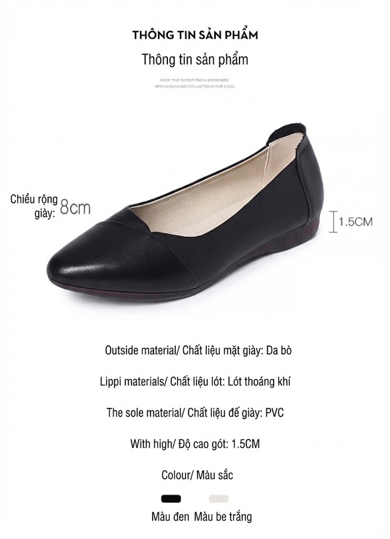 Giày Búp Bê Da Thật Đế Mềm Chống Trượt Chiều Cao Đế Khoảng 1cm Màu Đen, Kem chi tiết 3