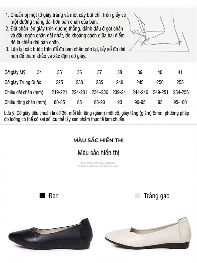 Giày Búp Bê Da Thật Đế Mềm Chống Trượt Chiều Cao Đế Khoảng 1cm Màu Đen, Kem chi tiết 4