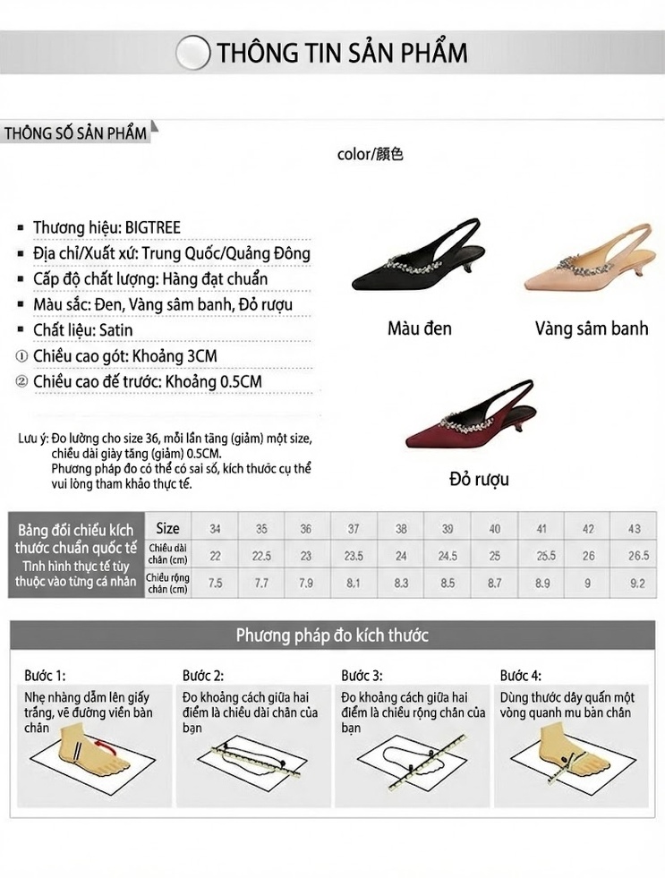 Giày Búp Bê Hở Gót Nữ Mũi Nhọn Dây Quai Sau Lụa Satin Đính Đá Chiều Cao Đế Khoảng 3cm Màu Hồng, Đen, Đỏ chi tiết 1