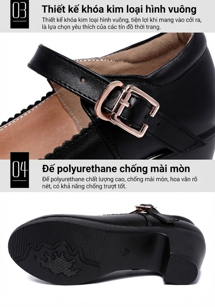 Giày Búp Bê Khóa Cài Nữ Da Bóng Chiều Cao Đế Khoảng 4cm Màu Đen, Trắng, Đỏ, Bạc... chi tiết 8