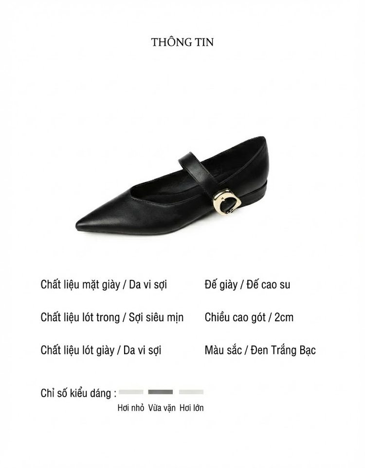 Giày Búp Bê Mary Jane Da Bóng Mũi Nhọn Chiều Cao Đế Khoảng 1cm Màu Đen, Trắng, Bạc chi tiết 2