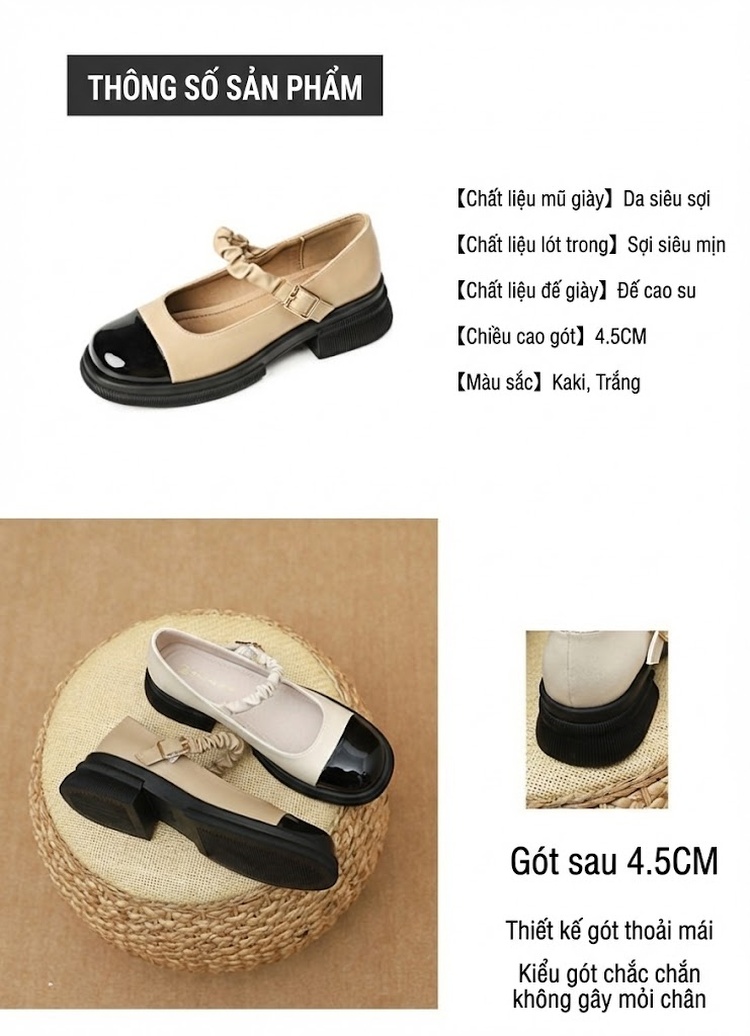 Giày Búp Bê Mary Jane Nữ Da Bóng Chiều Cao Đế Khoảng 3.5cm Quai Ngang Phong Cách Học Đường Màu Be, Đen chi tiết 2