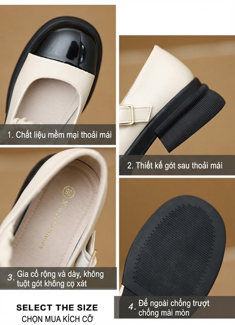 Giày Búp Bê Mary Jane Nữ Da Bóng Chiều Cao Đế Khoảng 3.5cm Quai Ngang Phong Cách Học Đường Màu Be, Đen chi tiết 3