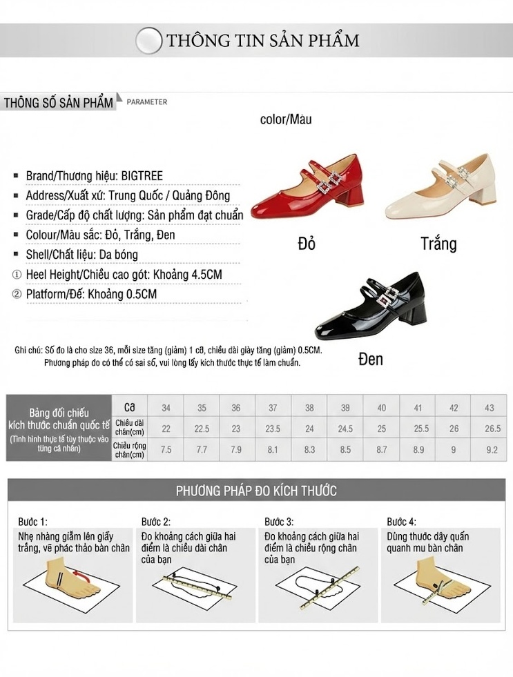 Giày Búp Bê Mary Jane Nữ Da Bóng Chiều Cao Đế Khoảng 5cm Đính Đá Màu Đen, Đỏ, Kem chi tiết 1