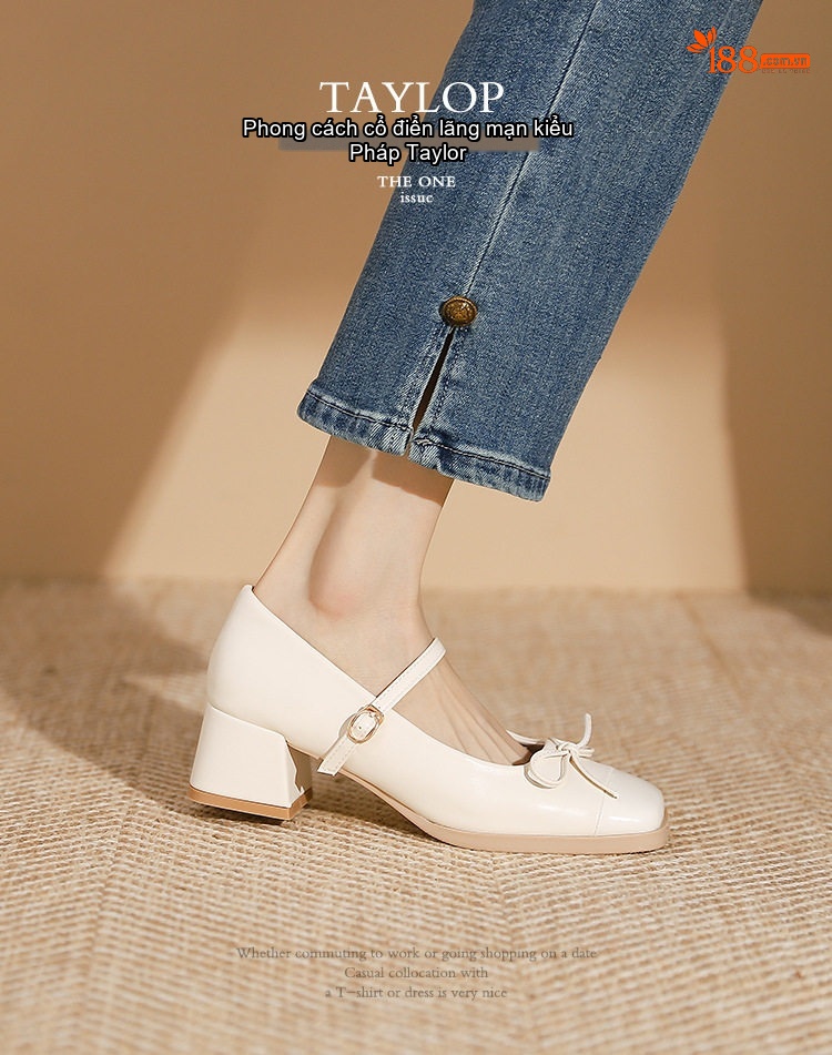 Giày Búp Bê Mary Jane Nữ Da Bóng Mũi Vuông Quai Ngang Chiều Cao Đế Khoảng 4cm Màu Đen, Nâu, Trắng chi tiết 3