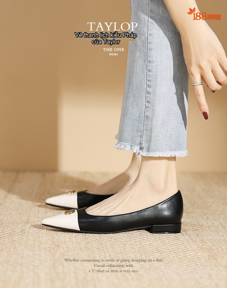 Giày Búp Bê Mũi Nhọn Bệt Phối Màu Chiều Cao Đế Khoảng 1cm Màu Đen, Trắng chi tiết 3