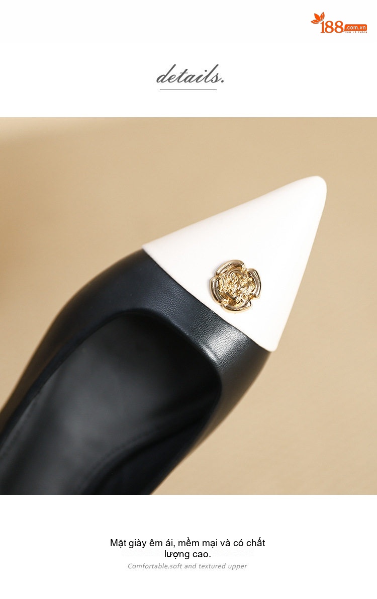 Giày Búp Bê Mũi Nhọn Bệt Phối Màu Chiều Cao Đế Khoảng 1cm Màu Đen, Trắng chi tiết 4