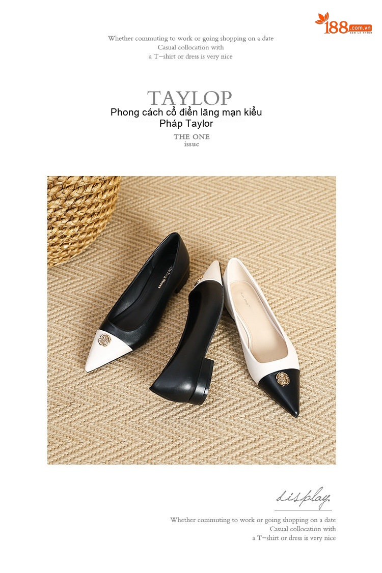 Giày Búp Bê Mũi Nhọn Bệt Phối Màu Chiều Cao Đế Khoảng 1cm Màu Đen, Trắng chi tiết 18