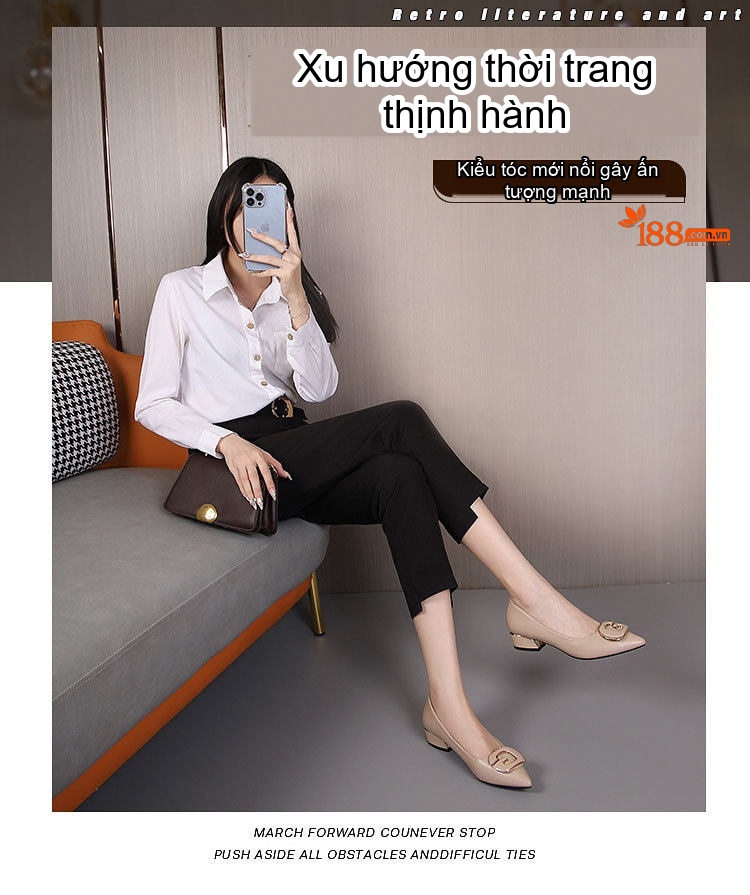 Giày Búp Bê Mũi Nhọn Da Mềm Khóa Trang Trí Chiều Cao Đế Khoảng 3cm Phong Cách Hàn Quốc Màu Đen, Kem, Trắng chi tiết 1