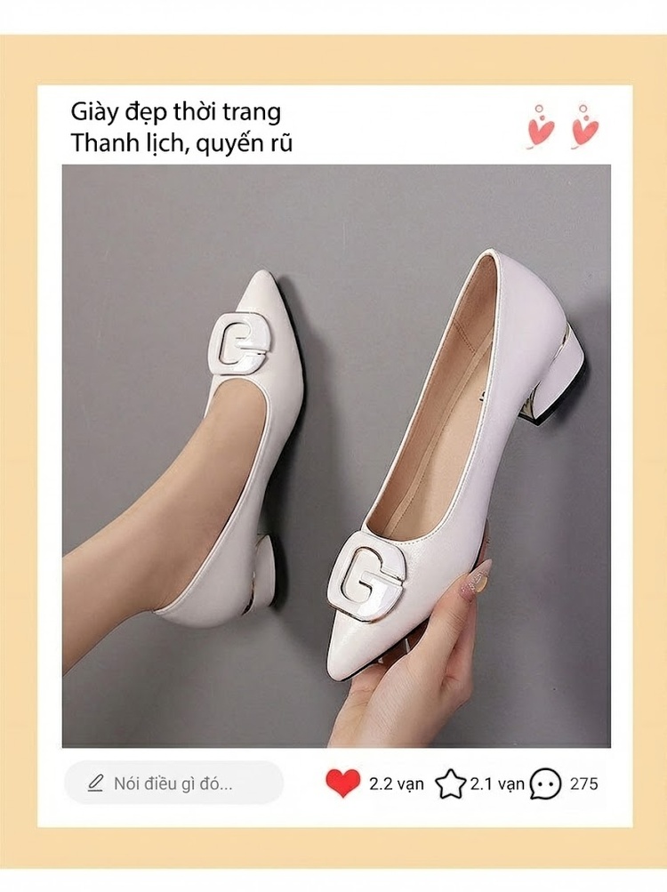 Giày Búp Bê Mũi Nhọn Da Mềm Khóa Trang Trí Chiều Cao Đế Khoảng 3cm Phong Cách Hàn Quốc Màu Đen, Kem, Trắng chi tiết 2