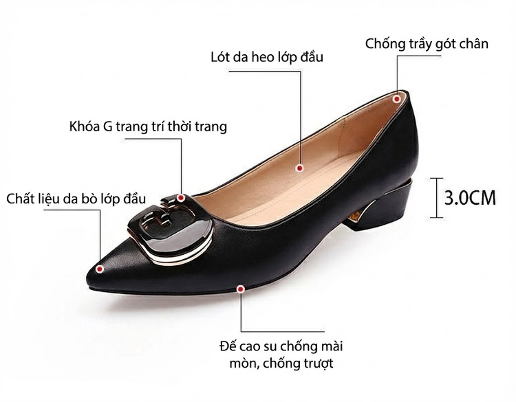 Giày Búp Bê Mũi Nhọn Da Mềm Khóa Trang Trí Chiều Cao Đế Khoảng 3cm Phong Cách Hàn Quốc Màu Đen, Kem, Trắng chi tiết 5
