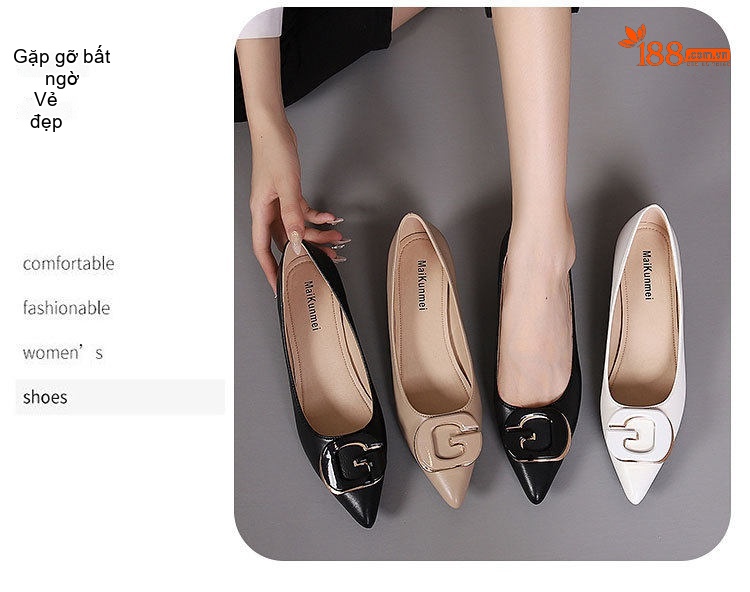 Giày Búp Bê Mũi Nhọn Da Mềm Khóa Trang Trí Chiều Cao Đế Khoảng 3cm Phong Cách Hàn Quốc Màu Đen, Kem, Trắng chi tiết 16