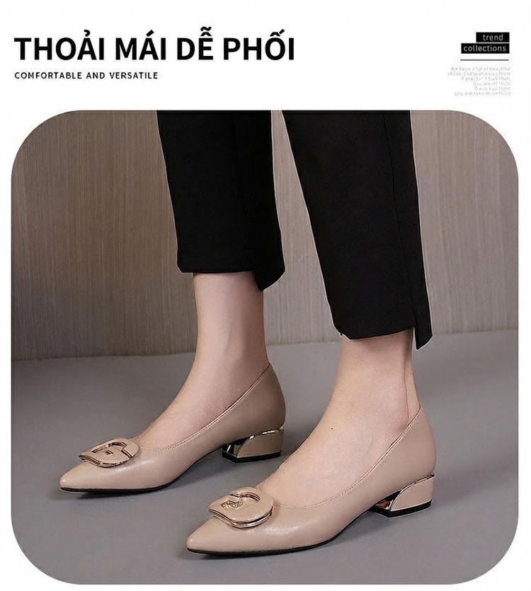 Giày Búp Bê Mũi Nhọn Da Mềm Khóa Trang Trí Chiều Cao Đế Khoảng 3cm Phong Cách Hàn Quốc Màu Đen, Kem, Trắng chi tiết 21