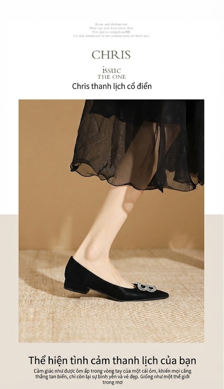 Giày Búp Bê Mũi Nhọn Đính Đá Cao Cấp Chiều Cao Đế Khoảng 1cm Màu Đen chi tiết 5