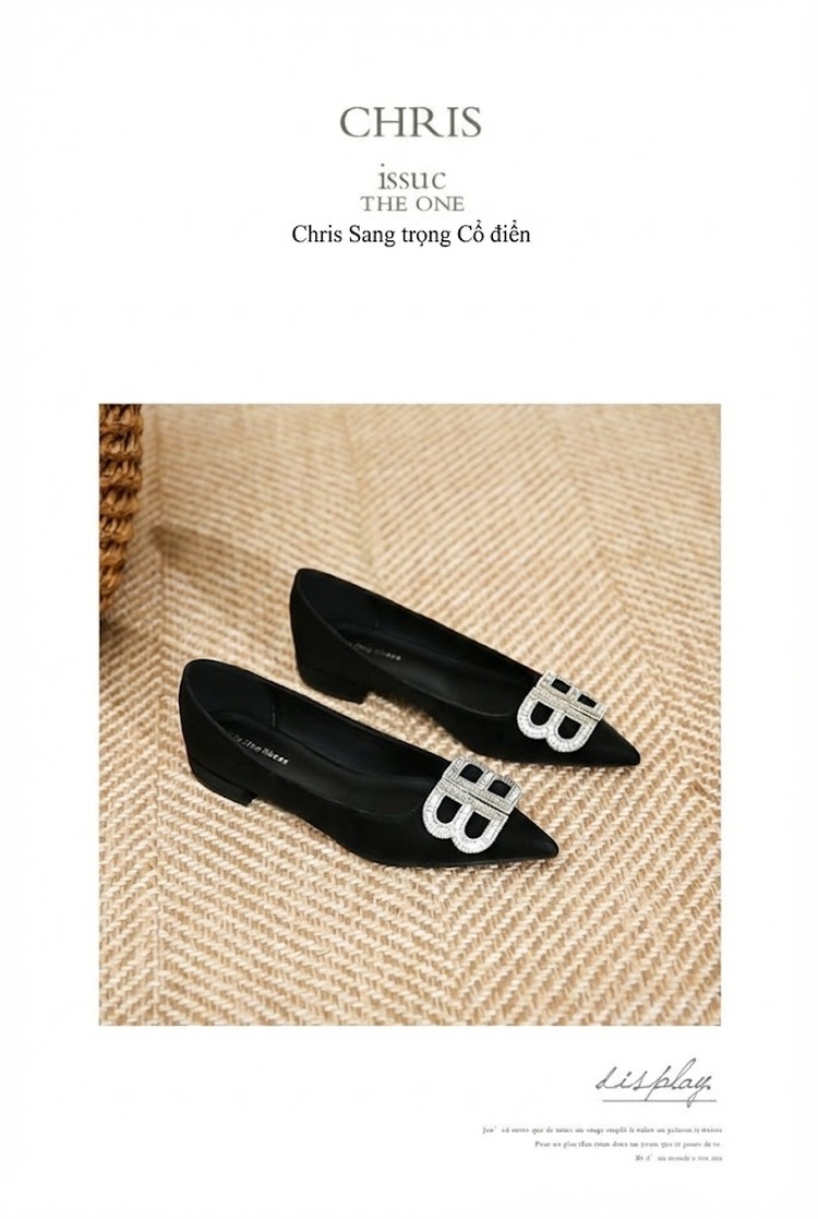 Giày Búp Bê Mũi Nhọn Đính Đá Cao Cấp Chiều Cao Đế Khoảng 1cm Màu Đen chi tiết 11