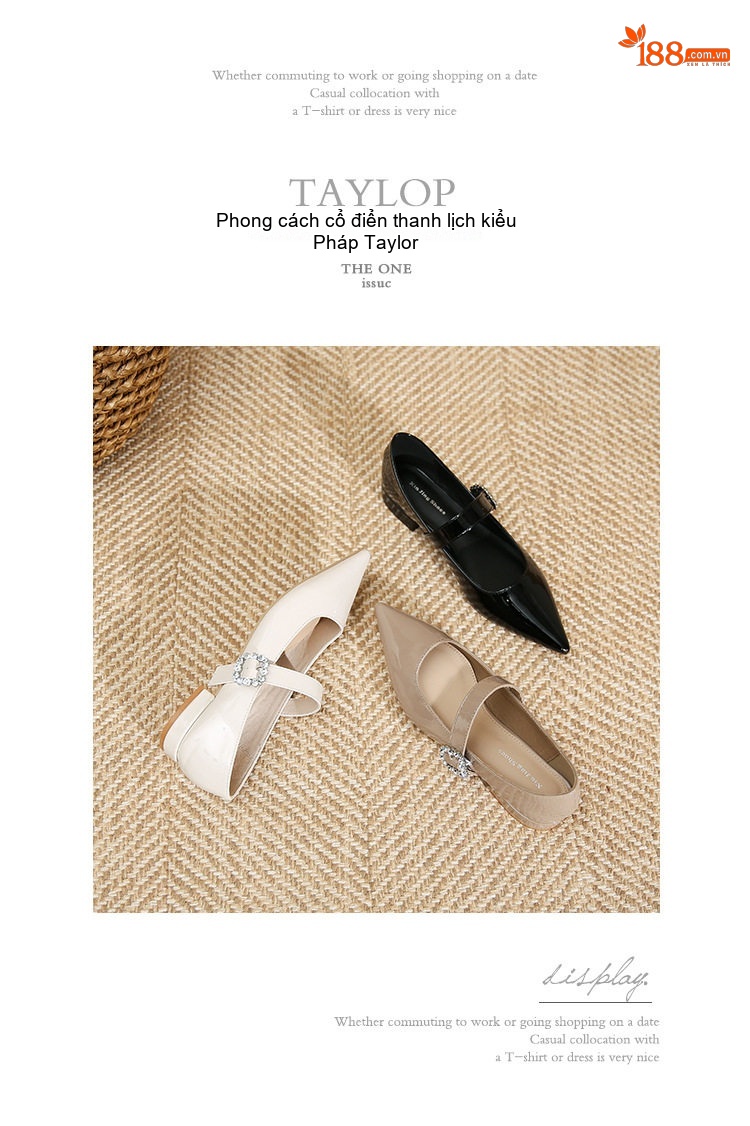 Giày Búp Bê Mũi Nhọn Đính Đá Chiều Cao Đế Khoảng 1cm Phong Cách Pháp Màu Đen, Trắng, Nude chi tiết 22
