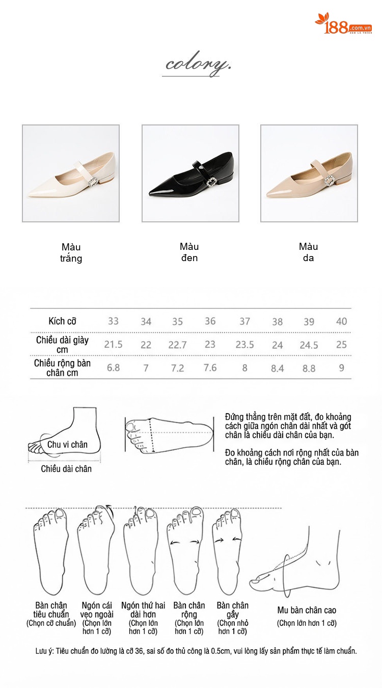 Giày Búp Bê Mũi Nhọn Đính Đá Chiều Cao Đế Khoảng 1cm Phong Cách Pháp Màu Đen, Trắng, Nude chi tiết 4