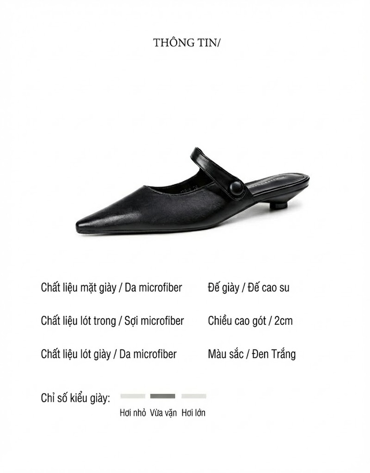 Giày Búp Bê Mũi Nhọn Hở Gót Quai Ngang Chiều Cao Đế Khoảng 2cm Màu Đen, Trắng chi tiết 2