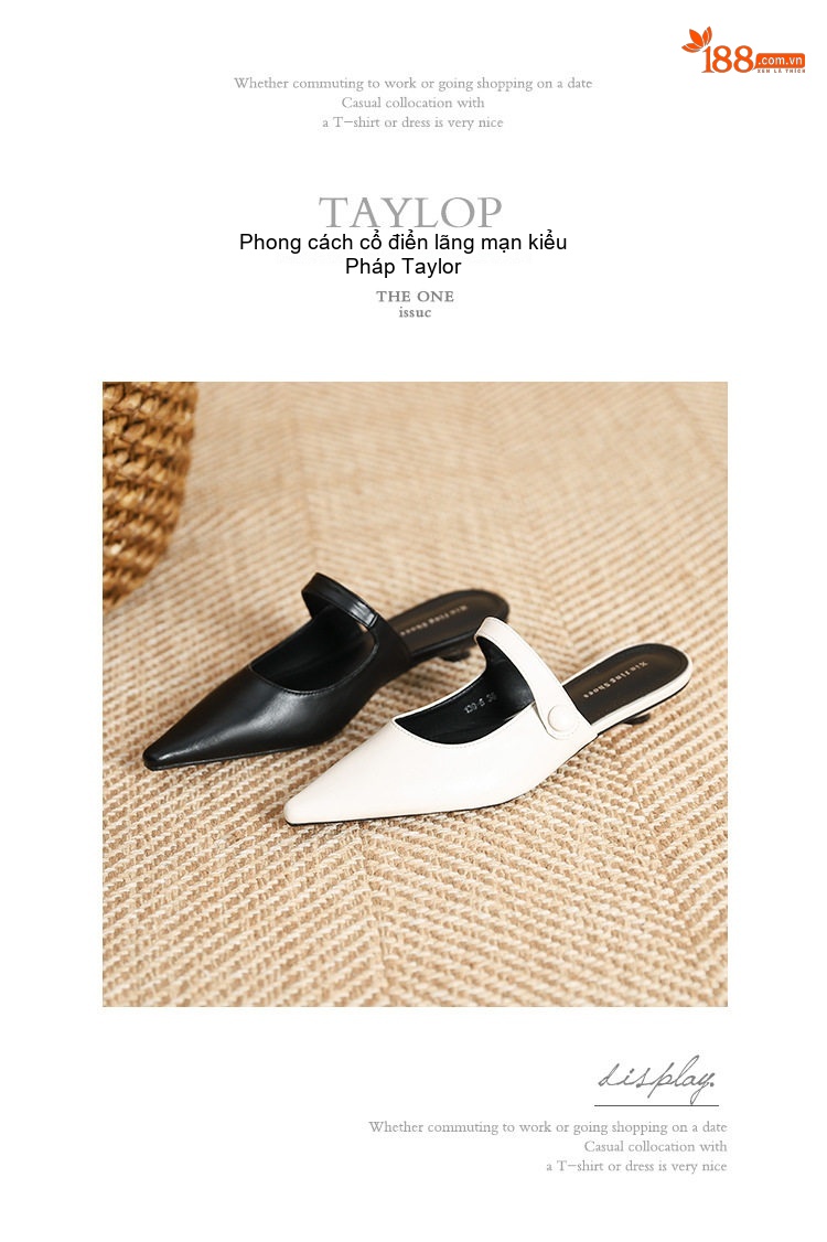 Giày Búp Bê Mũi Nhọn Hở Gót Quai Ngang Chiều Cao Đế Khoảng 2cm Màu Đen, Trắng chi tiết 19