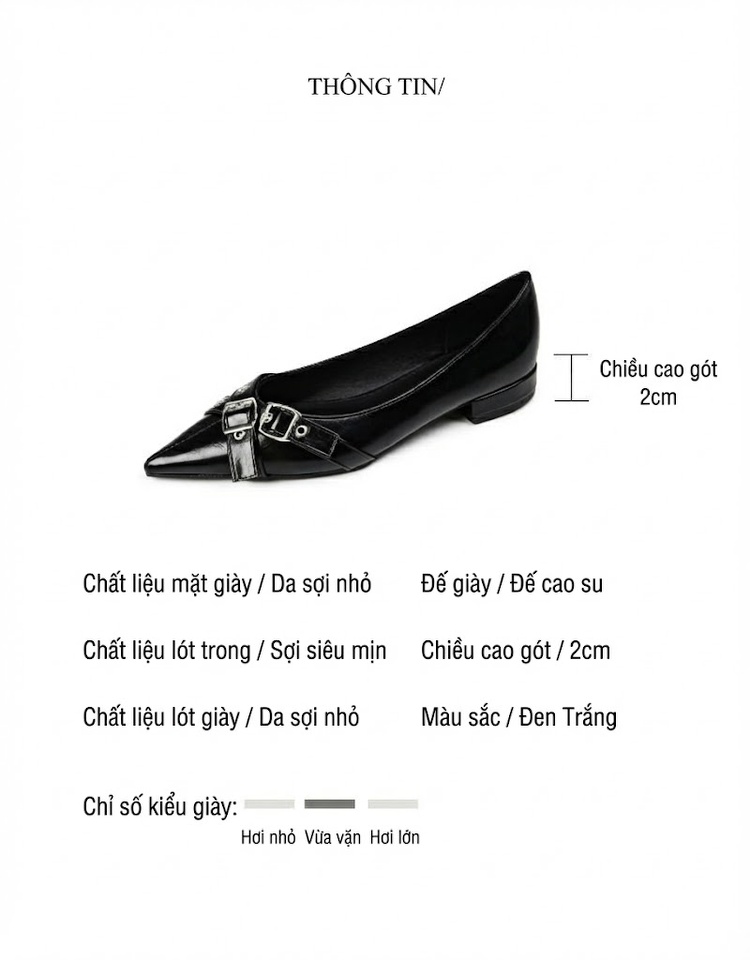 Giày Búp Bê Mũi Nhọn Nữ Da Bóng Chiều Cao Đế Khoảng 1cm Khóa Cài Thanh Lịch Màu Đen, Trắng chi tiết 2
