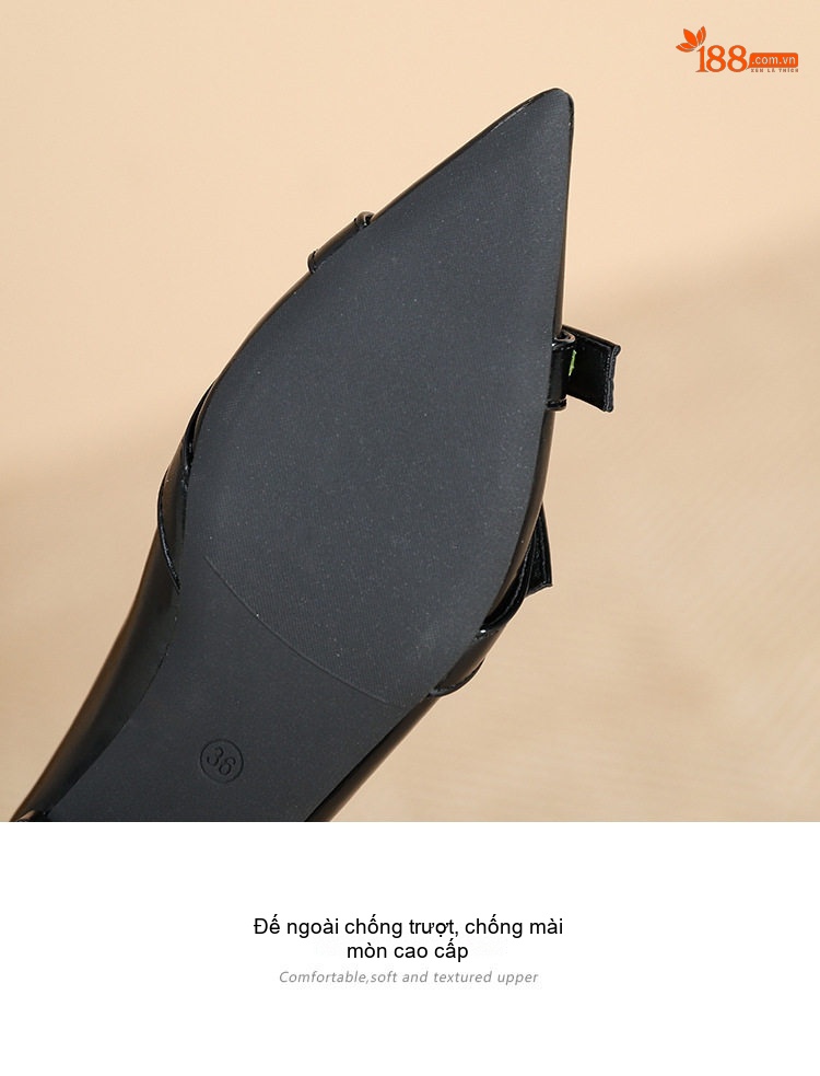 Giày Búp Bê Mũi Nhọn Nữ Da Bóng Chiều Cao Đế Khoảng 1cm Khóa Cài Thanh Lịch Màu Đen, Trắng chi tiết 8