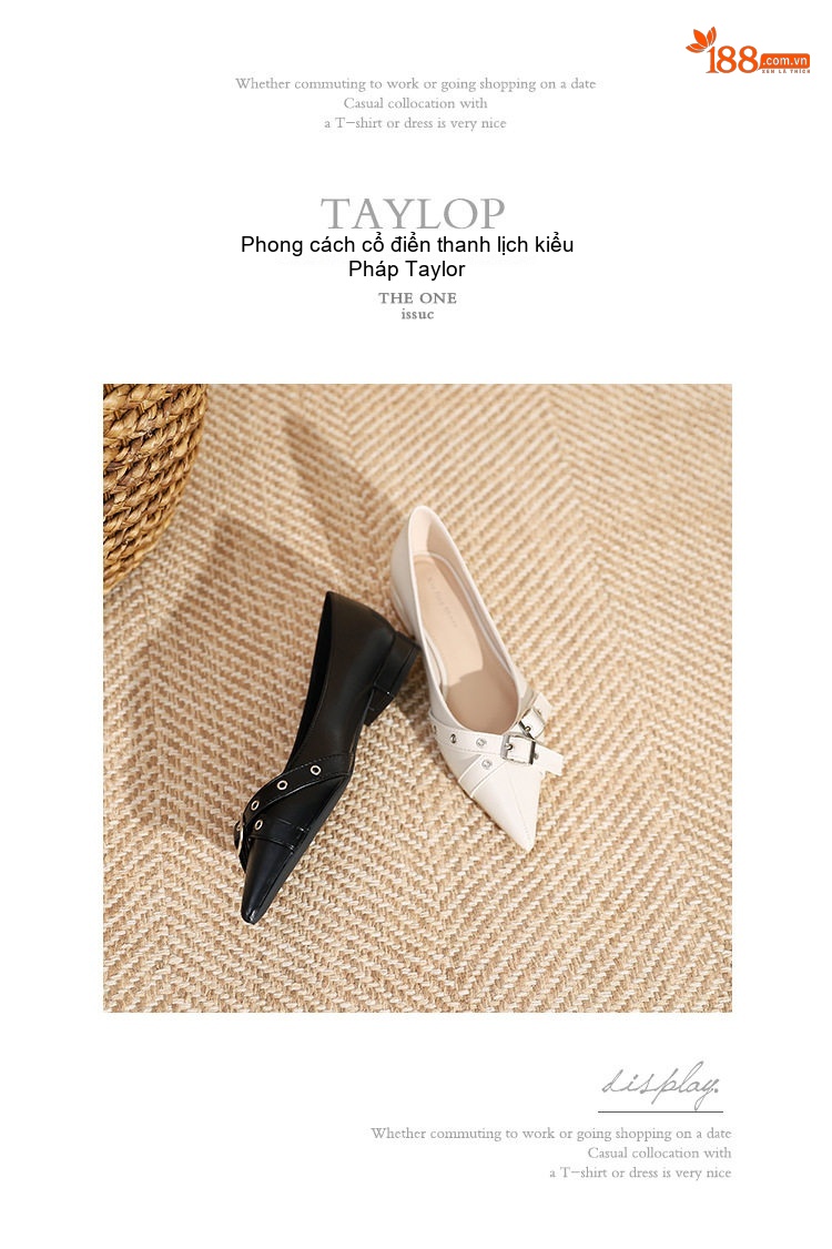 Giày Búp Bê Mũi Nhọn Nữ Da Bóng Chiều Cao Đế Khoảng 1cm Khóa Cài Thanh Lịch Màu Đen, Trắng chi tiết 21