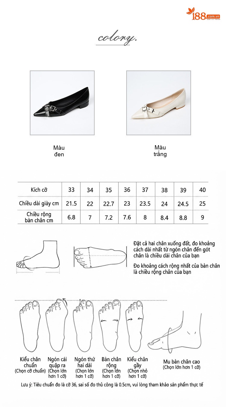 Giày Búp Bê Mũi Nhọn Nữ Da Bóng Chiều Cao Đế Khoảng 1cm Khóa Cài Thanh Lịch Màu Đen, Trắng chi tiết 4