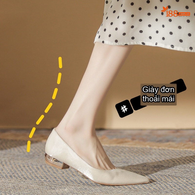 Giày Búp Bê Mũi Nhọn Nữ Gót Vuông Chiều Cao Đế Khoảng 2cm Màu Đỏ, Trắng