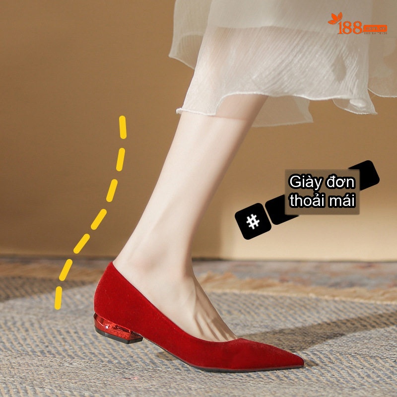 Giày Búp Bê Mũi Nhọn Nữ Gót Vuông Chiều Cao Đế Khoảng 2cm Màu Đỏ, Trắng