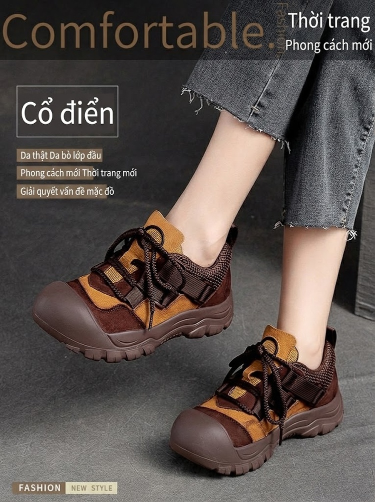 Giày Búp Bê Nữ Cổ Điển Mũi Tròn Phối Màu Buộc Dây Chiều Cao Đế Khoảng 3cm Màu Đỏ, Vàng, Xanh Lá, Nâu... chi tiết 2