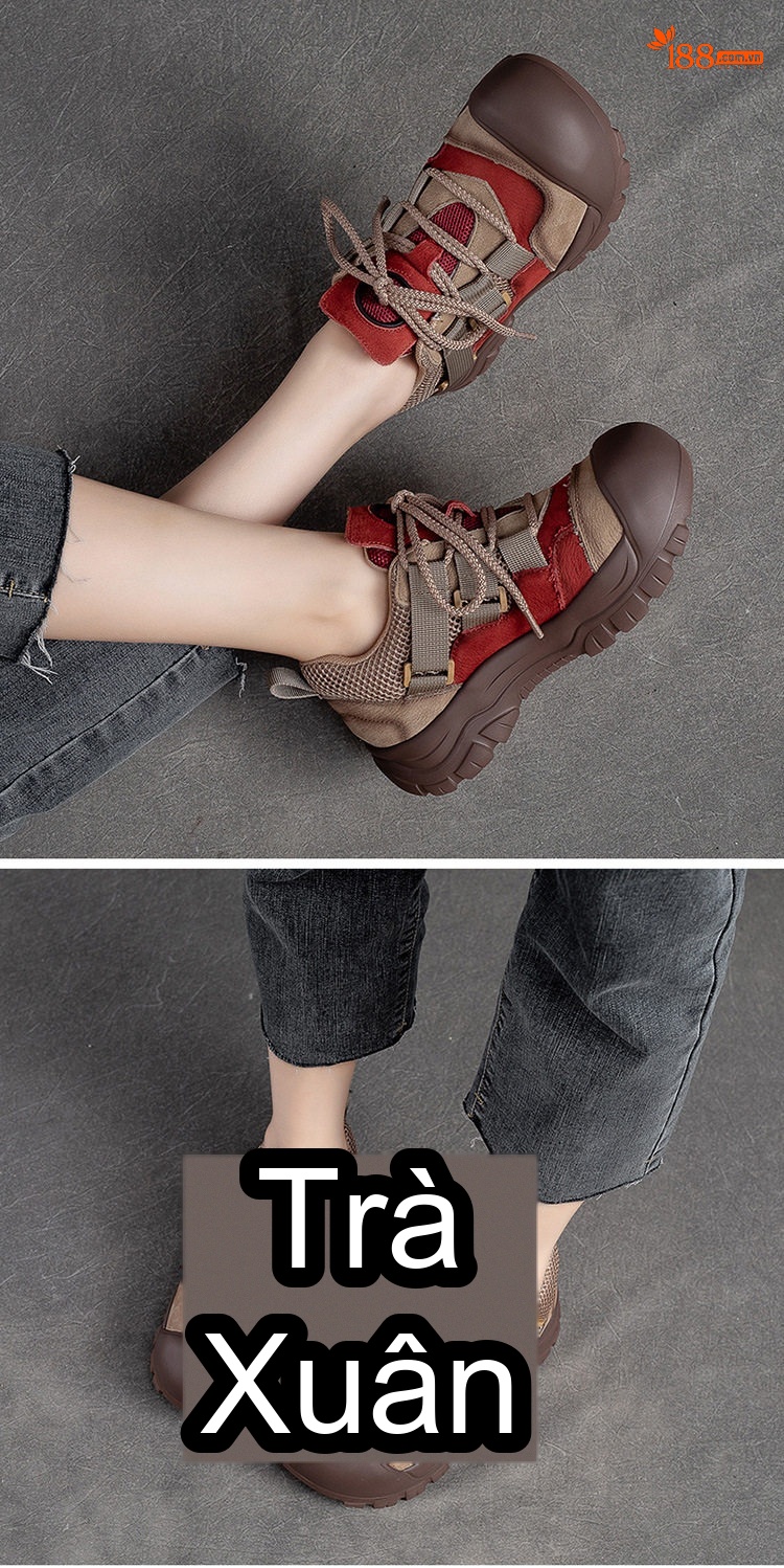 Giày Búp Bê Nữ Cổ Điển Mũi Tròn Phối Màu Buộc Dây Chiều Cao Đế Khoảng 3cm Màu Đỏ, Vàng, Xanh Lá, Nâu... chi tiết 11