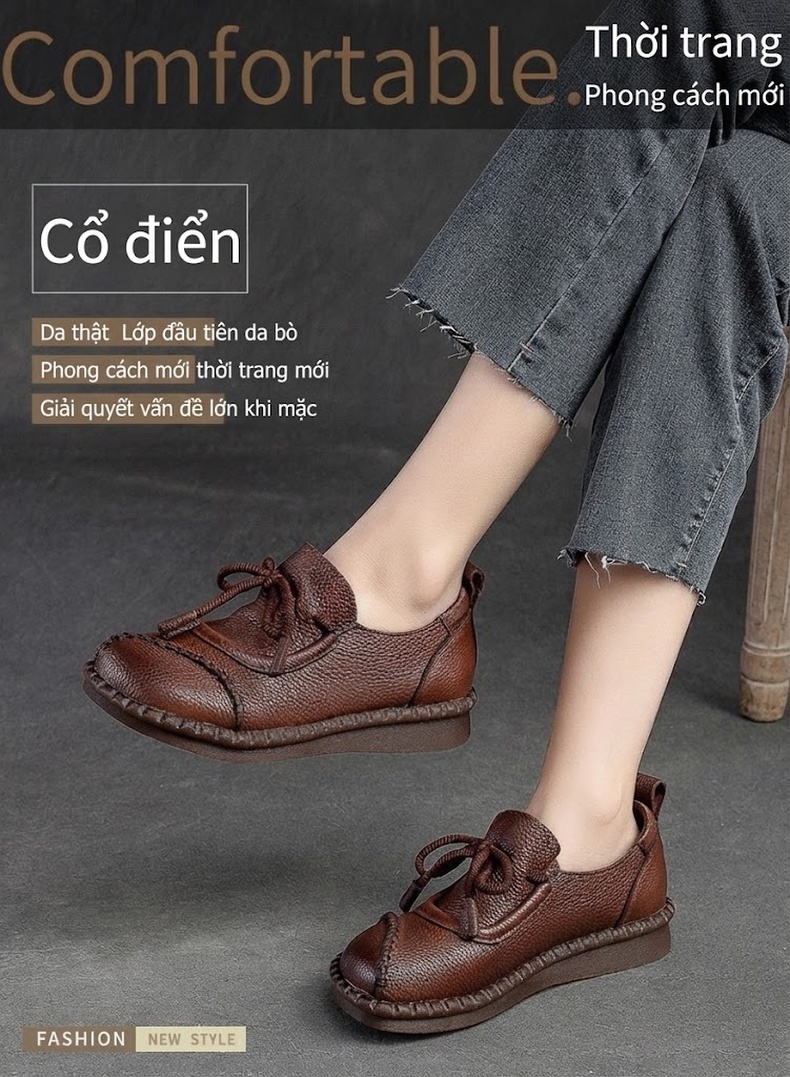 Giày Búp Bê Nữ Cột Dây Da Mờ Chiều Cao Đế Khoảng 1cm Màu Nâu, Đen, Kem chi tiết 2