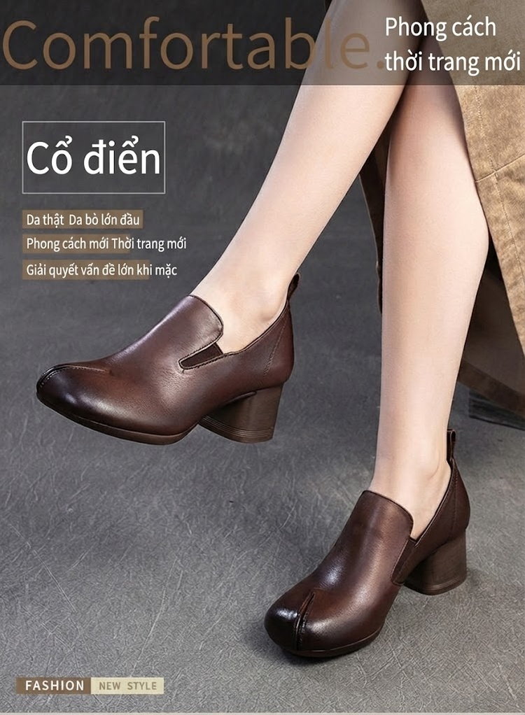 Giày Búp Bê Nữ Da Bò Chiều Cao Đế Khoảng 5cm Phong Cách Retro Màu Đen, Nâu chi tiết 1