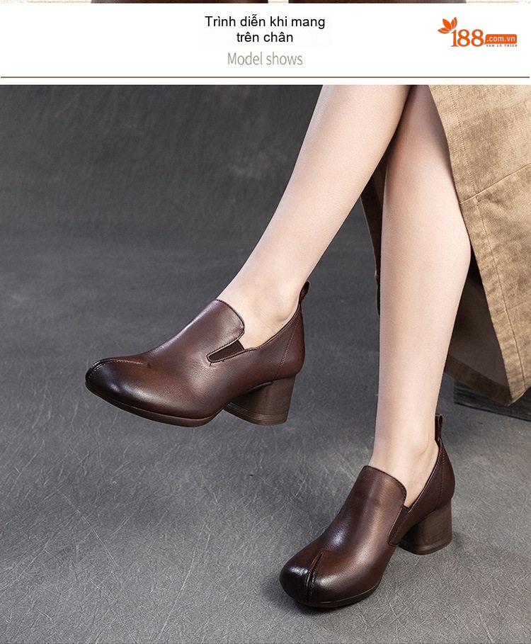 Giày Búp Bê Nữ Da Bò Chiều Cao Đế Khoảng 5cm Phong Cách Retro Màu Đen, Nâu chi tiết 7
