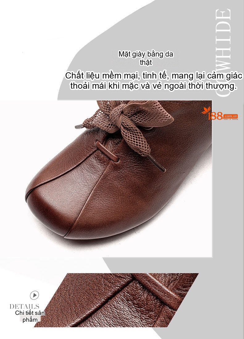 Giày Búp Bê Nữ Da Bò Cột Dây Ren Chiều Cao Đế Khoảng 3cm Màu Nâu, Đen chi tiết 3