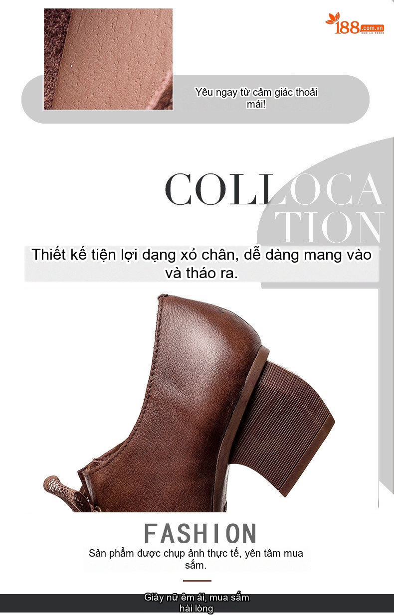 Giày Búp Bê Nữ Da Bò Cột Dây Ren Chiều Cao Đế Khoảng 3cm Màu Nâu, Đen chi tiết 5