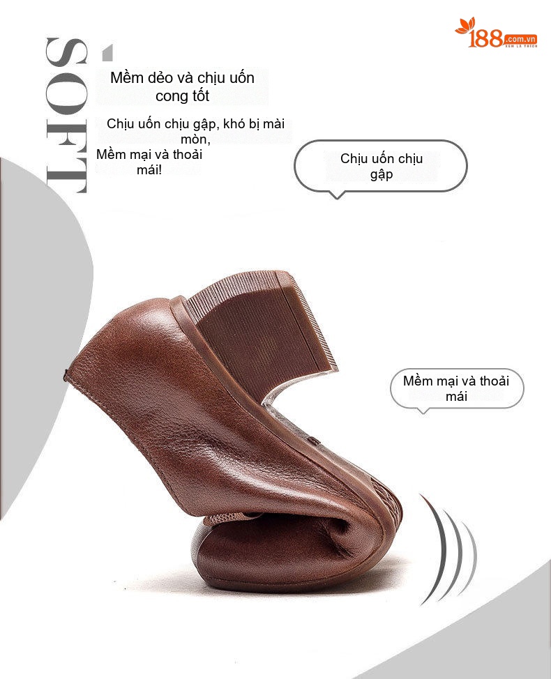 Giày Búp Bê Nữ Da Bò Cột Dây Ren Chiều Cao Đế Khoảng 3cm Màu Nâu, Đen chi tiết 2